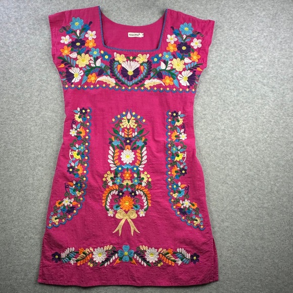 Yzxdorwj Dresses & Skirts - YZXDORWJ Pink Cotton Floral Embroidered Mexican Boho Shift Dress Medium